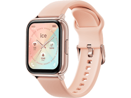 Montre intelligente rose. Cadran carré avec horloge, fréquence cardiaque, pas et plus encore. Bracelet rose.