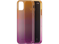 Coque iPhone. La coque est transparente avec un dégradé orange à rose. Le téléphone est visible à l'intérieur de la coque.