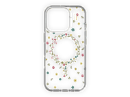 Coque de téléphone transparente avec motif floral. La coque a des fleurs et un cercle blanc.