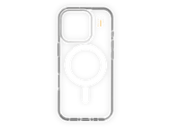 Coque de téléphone transparente avec un cercle blanc et un symbole moins. Fond noir.