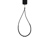 Lanière de téléphone noire avec détails dorés. Petit carré noir en haut, chaîne dorée, cordon noir, perle dorée.