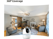 Charger l&#39;image dans la galerie, Une caméra de sécurité dans une maison, montrant sa portée de couverture à 360° et l&#39;intérieur.
