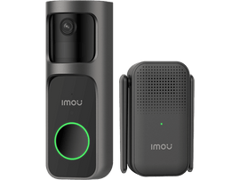Ensemble de sonnette et carillon IMOU noir et gris. La sonnette a une caméra et une lumière verte.