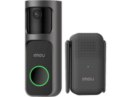 Ensemble de sonnette et carillon IMOU noir et gris. La sonnette a une caméra et une lumière verte.