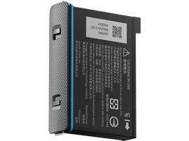 Batterie, vue latérale, noir et bleu, étiquettes d