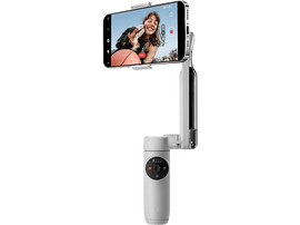 Gimbal blanc avec un téléphone et une personne souriante à l