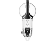 Un accessoire de caméra Insta360 transparent. Il a un corps transparent avec des accents noirs et une poignée.