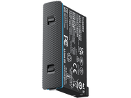 Batterie de caméra Insta360. Noir et argent avec une texture en grille, marquages FCC et autres visibles.