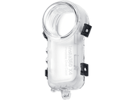 Boîtier de plongée invisible Insta360 X4, transparent, avec fermoirs noirs, sur fond noir.