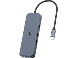 Un hub USB-C gris avec plusieurs ports sur fond noir.