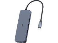 Un hub USB-C gris avec plusieurs ports sur fond noir.