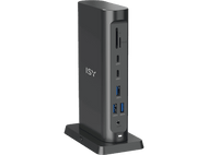 Station d'accueil ISY gris foncé avec plusieurs ports, sur un socle noir.