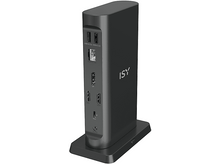 Charger l&#39;image dans la galerie, Une station d&#39;accueil ISY noire avec plusieurs ports. Elle se dresse sur une base noire.
