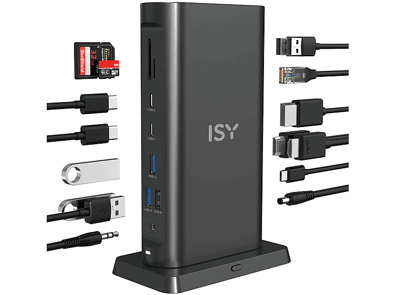 Station d'accueil ISY noire avec divers ports, dont USB, HDMI et lecteur de carte. Câbles attachés.