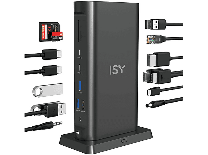 Station d'accueil ISY noire avec divers ports, dont USB, HDMI et lecteur de carte. Câbles attachés.