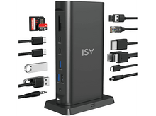 Charger l&#39;image dans la galerie, Station d&#39;accueil ISY noire avec divers ports, dont USB, HDMI et lecteur de carte. Câbles attachés.
