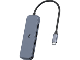Un hub USB-C bleu et gris. Il dispose de plusieurs ports et d