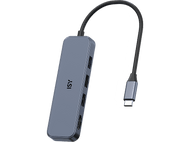 Un hub USB-C bleu et gris. Il dispose de plusieurs ports et d'un câble noir connecté.