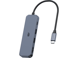 Un hub USB-C ISY gris avec plusieurs ports et un câble noir.