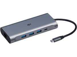Hub USB-C ISY gris avec plusieurs ports. Câble USB-C noir attaché.