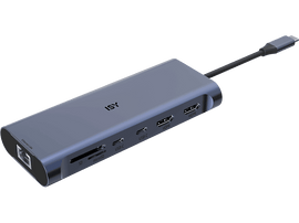 Hub USB-C ISY bleu avec plusieurs ports, dont HDMI, USB-C et USB-A.