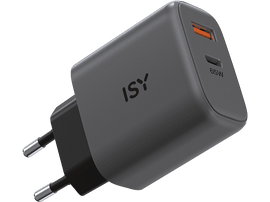 Chargeur ISY 65W gris foncé avec deux broches et un port orange.