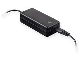 Adaptateur secteur ISY noir avec câble de chargement. Fond noir.