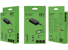Charger l&#39;image dans la galerie, Trois boîtes d&#39;un adaptateur d&#39;alimentation universel pour ordinateur portable avec le logo ISY et texte 90 watts.
