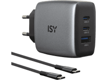 Charger l&#39;image dans la galerie, Chargeur USB ISY gris avec trois ports USB et une prise. Deux câbles de chargement noirs devant.
