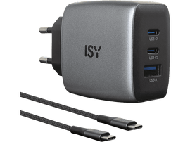 Chargeur USB ISY gris avec trois ports USB et une prise. Deux câbles de chargement noirs devant.