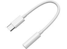 Charger l&#39;image dans la galerie, Câble adaptateur audio USB-C vers 3,5 mm blanc sur fond noir.
