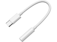 Câble adaptateur audio USB-C vers 3,5 mm blanc sur fond noir.