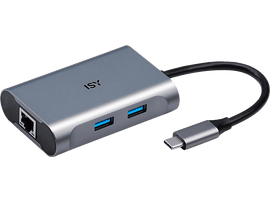 Hub USB-C ISY gris avec port réseau et ports USB, câble noir attaché.