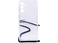 Coque de téléphone transparente avec cordon noir. Trois lentilles de caméra visibles.
