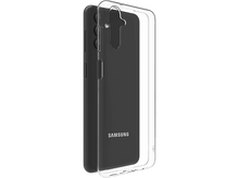 Charger l&#39;image dans la galerie, Coque de téléphone Samsung noire avec dos transparent, sur fond noir.
