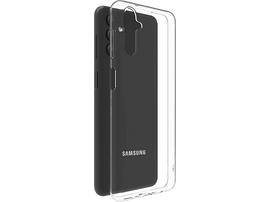 Coque de téléphone Samsung noire avec dos transparent, sur fond noir.