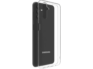 Coque de téléphone Samsung noire avec dos transparent, sur fond noir.