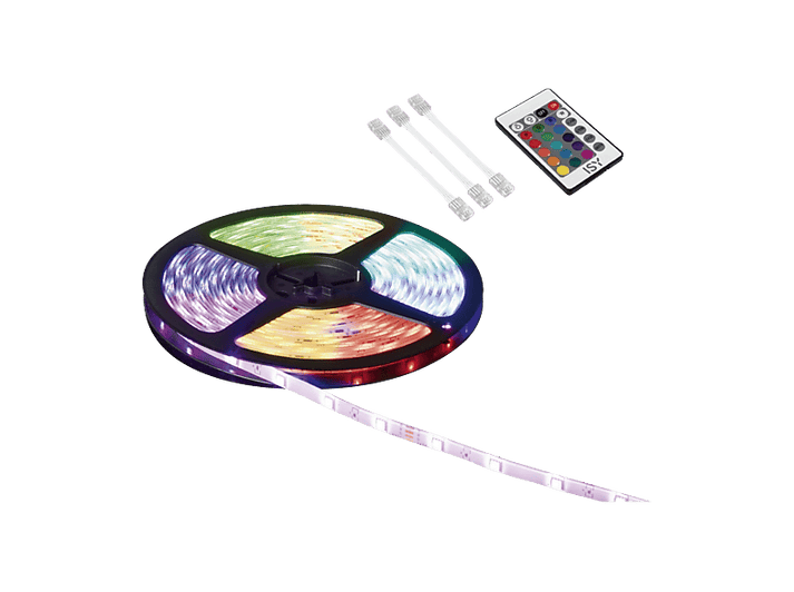 Bande LED RGB avec télécommande et connecteurs sur fond noir.