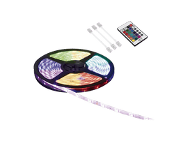 Bande LED RGB avec télécommande et connecteurs sur fond noir.