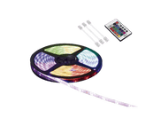 Bande LED RGB avec télécommande et connecteurs sur fond noir.