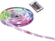 Charger l&#39;image dans la galerie, Bandes lumineuses LED enroulées avec une télécommande sur fond blanc.
