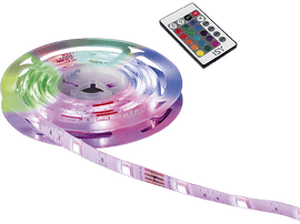 Bandes lumineuses LED enroulées avec une télécommande sur fond blanc.