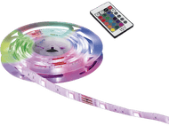 Bandes lumineuses LED enroulées avec une télécommande sur fond blanc.