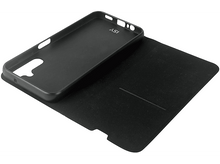 Charger l&#39;image dans la galerie, Coque de téléphone noire avec un rabat ouvert, montrant l&#39;intérieur et la forme du téléphone.
