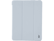 Étui de tablette bleu clair. L'étui est pliable avec un logo en bas à droite.