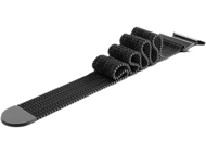 Bracelet de montre métallique noir, style mesh, enroulé en partie, montrant le fermoir et l'extrémité.