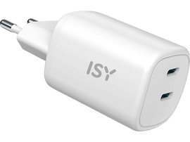 Chargeur ISY blanc avec deux ports USB et une prise européenne.