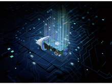 Charger l&#39;image dans la galerie, Un adaptateur électrique, vue en coupe. Il est à l&#39;intérieur d&#39;une carte de circuit imprimé bleue avec des lumières vertes et bleues.
