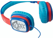 Charger l&#39;image dans la galerie, Casque audio enfant bleu et rouge avec un dessin animé sur l&#39;écouteur.
