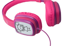 Charger l&#39;image dans la galerie, Casque pour enfants rose et violet avec un dessin sur l&#39;oreillette. Le câble est rose.
